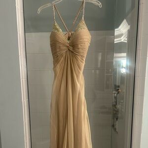 La Femme Champagne Chiffon Open Back Gown